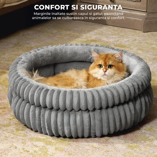 Pat Confortabil pentru Caini si Pisici Elindor® Rotund, Culcus Moale Antiderapant, din Microfibra si Bumbac, Lavabil Complet la Masina, Potrivit pentru Caine si Pisica de Talie Mica, Ideal in Orice Anotimp, in Casa, 50 x 50 x 20 cm, Gri