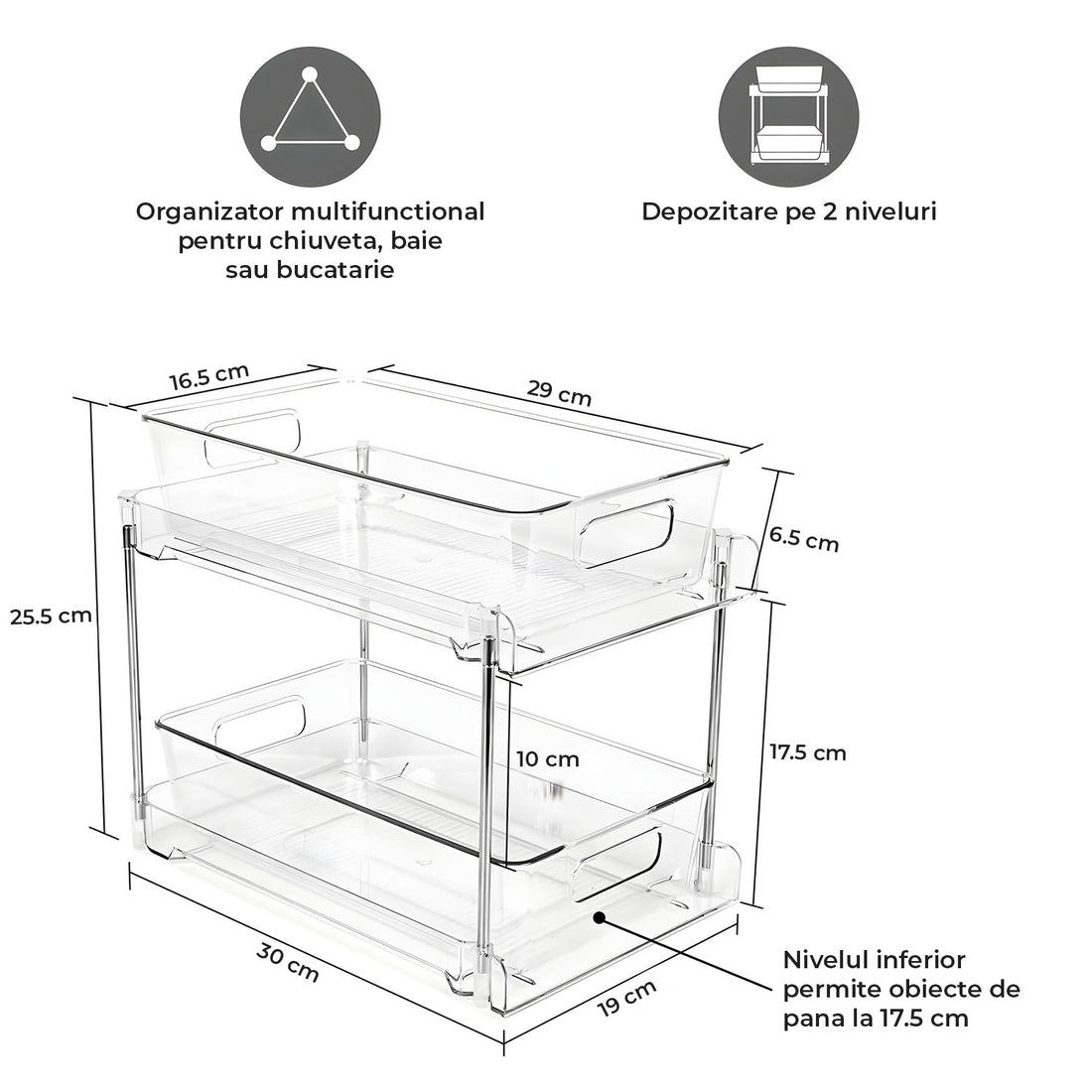 Organizator Transparente Elindor® cu 2 Nivele, Recipient de Depozitare Multifunctional si Glisant, Organizator pentru Dulapul de sub Chiuveta din Baie si Bucatarie, 30 × 19 × 25.5 cm, Acrilic