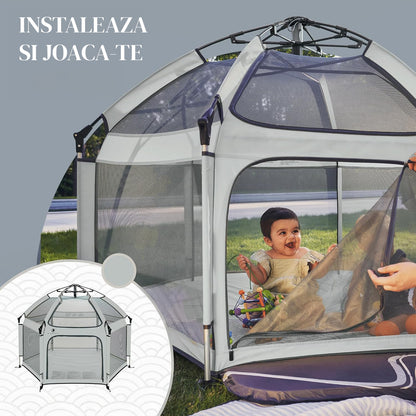 Tarc de Joaca pentru Bebelusi si Copii Elindor® Tip Cort, Spatiul Sigur de Joaca, Plasa de Protectie UV, Include Usa cu Fermoar, Materiale Eco-Friendly și Non-Toxice, Varsta 1-5 ani, 150 x 150 x 122 cm, Gri