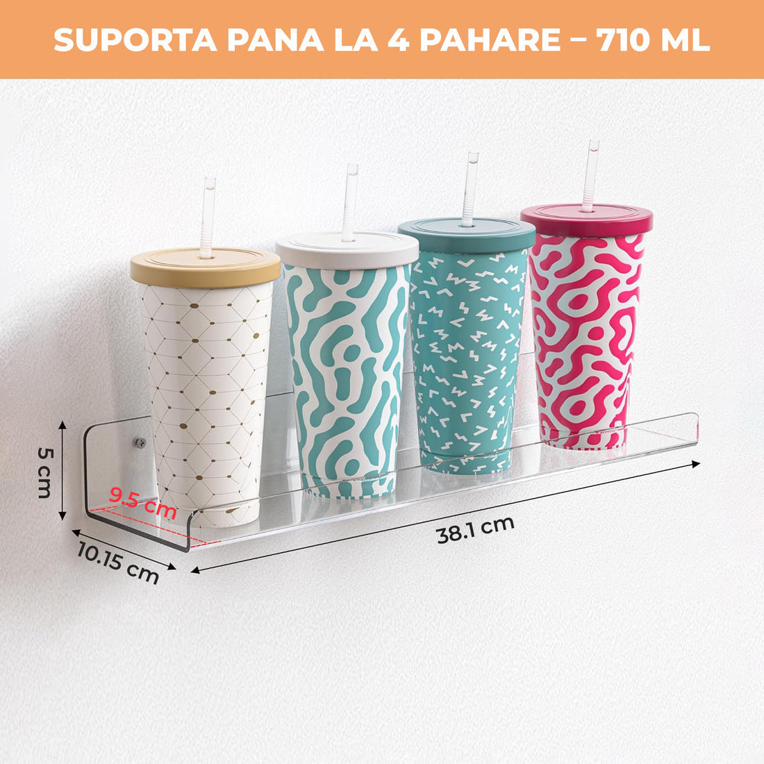 Set 4 Rafturi Elindor® Raft Suspendat de Depozitare, Mobila Bucatarie, Dormitor, Baie sau Birou, Etajera Practica cu Design Aerisit, Usor de Asamblat, Perfecta pentru Organizare Carti, Condimente, Decoratiuni, Polita Produse Diverse, 38 x 10 x 1.5 x 5 cm,