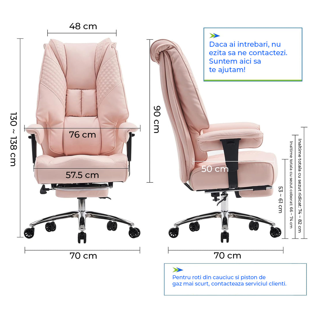 Scaun de Birou Elindor® Ergonomic, Design Contemporan, Scaun cu Spatar si Manere, din Piele PU cu Suport pentru Picioare si Roti, Latime Sezut 58 cm, Inaltime intre 48-56 cm, Roz