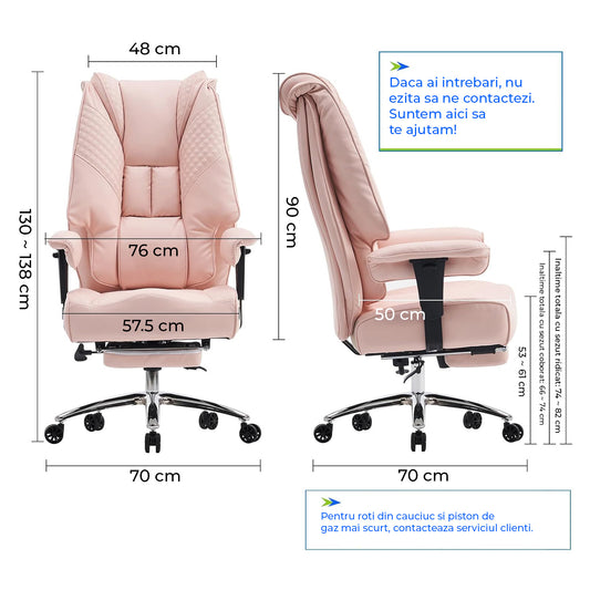 Scaun de Birou Elindor® Ergonomic, Design Contemporan, Scaun cu Spatar si Manere, din Piele PU cu Suport pentru Picioare si Roti, Latime Sezut 58 cm, Inaltime intre 48-56 cm, Roz