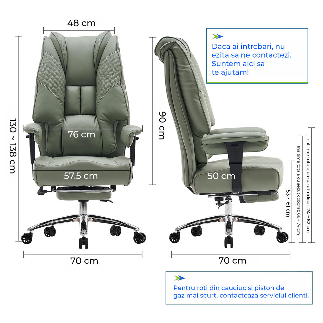 Scaun de Birou Elindor® Ergonomic, Design Contemporan, Scaun cu Spatar si Manere, din Piele PU cu Suport pentru Picioare si Roti, Latime Sezut 58 cm, Inaltime intre 48-56 cm, Verde