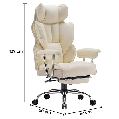 Scaun de Birou Elindor® Ergonomic, Design Contemporan, Scaun cu Spatar si Manere, din Piele PU cu Suport pentru Picioare si Lombar, cu Roti, 52 x 60 x 127 cm, Bej