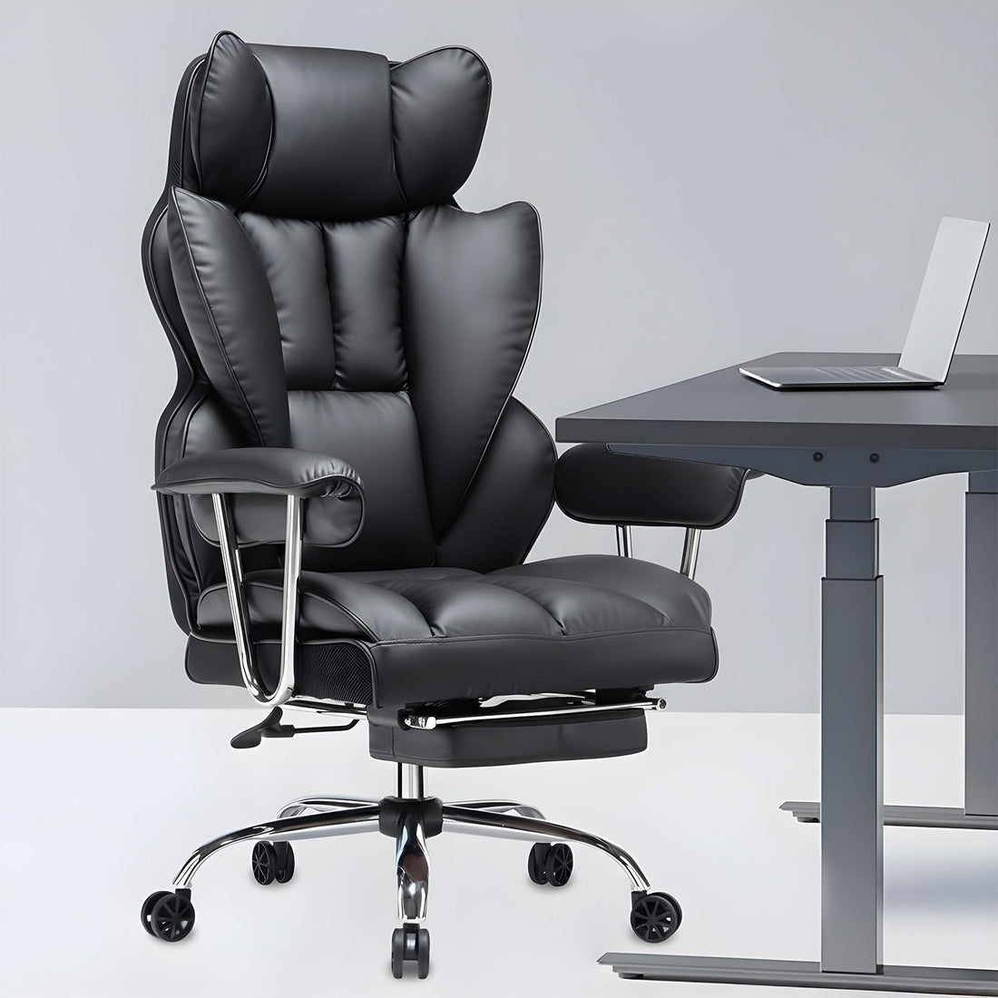 Scaun de Birou Elindor® Ergonomic, Design Contemporan, Scaun cu Spatar si Manere, din Piele PU cu Suport pentru Picioare si Lombar, cu Roti, 52 x 60 x 127 cm, Negru