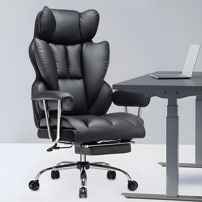 Scaun de Birou Elindor® Ergonomic, Design Contemporan, Scaun cu Spatar si Manere, din Piele PU cu Suport pentru Picioare si Lombar, cu Roti, 52 x 60 x 127 cm, Negru