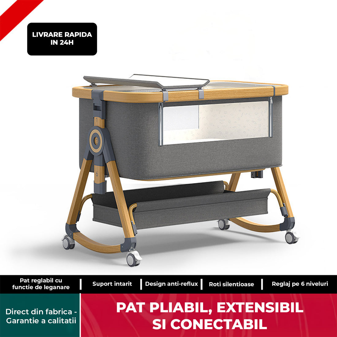 Patut Pliabil Bebelusi Elindo® 3 in 1, Copii 0-12 luni, Leagan Bebe pe 2 Etaje, Cos Depozitare, 6 Trepte de Inaltime Reglabila, Portabil, Plasa Laterala, Roti cu Sistem Blocare, Saltea Integrata, Greutate Maxima 15 kg, Gri