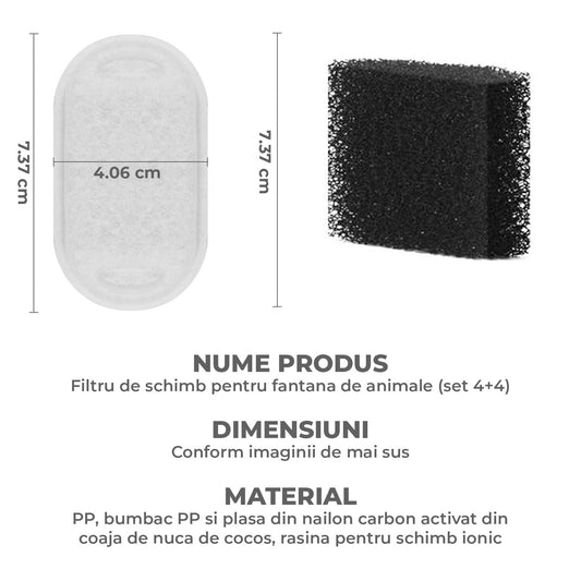 Set 4 Filtre de Rezerva + 4 Filtre de Burete Elindor® pentru Dispenser de Apa 2.2 l pentru Animale Tip Adapator, Accesorii Purificare si Filtrare pentru Fantana pentru Pisici si Caini, Elimina Eficient Firele de Par si Impuritatile, Alb