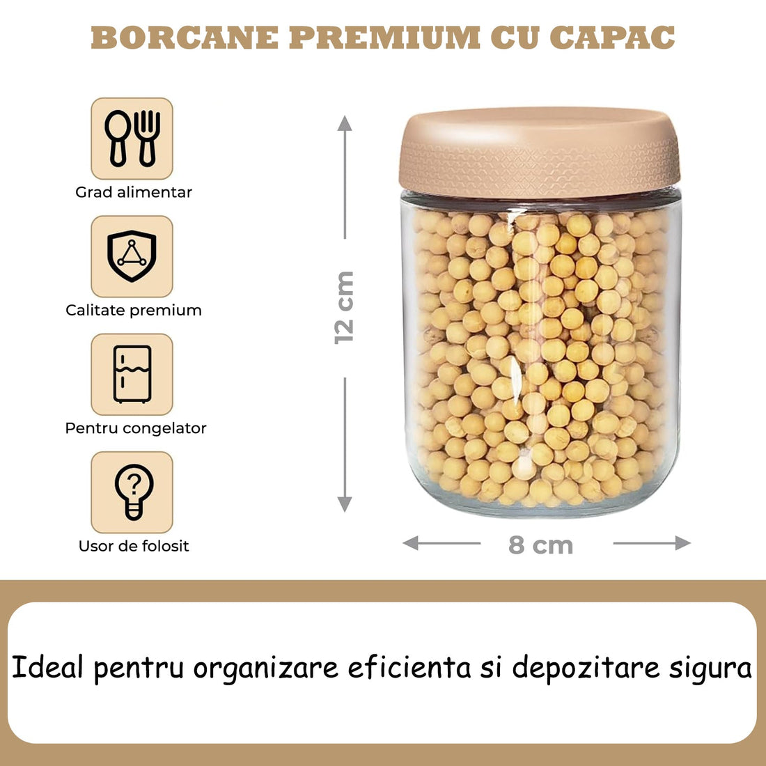 Set 6 Recipiente Sticlă Elindor® pentru Depozitare Alimente Tip Borcan - 475ml
