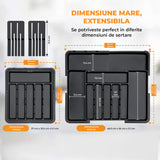 Organizator Extensibil Elindor® pentru Tacamuri si Ustensile de Bucatarie, 9 Compartimente, Sertar Extensibil 36.8-48.3 cm si 33.5 – 55.9 cm, Suport Ajustabil pentru Cutite, Linguri, Furculite, Negru