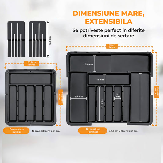 Organizator Extensibil Elindor® pentru Tacamuri si Ustensile de Bucatarie, 9 Compartimente, Sertar Extensibil 36.8-48.3 cm si 33.5 – 55.9 cm, Suport Ajustabil pentru Cutite, Linguri, Furculite, Negru