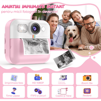 Camera Foto Instant Pentru Copii Elindor®, Ecran 2.4 Inch, 1080P, 16X Zoom, Printare Fara Cerneala, 3 Role Hartie Incluse, 32GB SD, Roz
