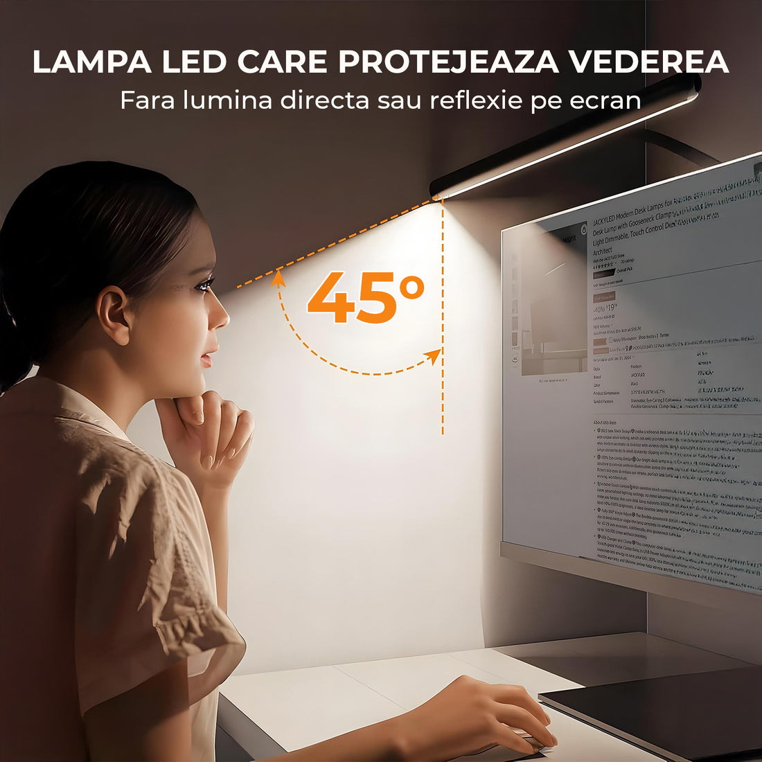 Lampa de Birou Elindor® Ultra-Wide, Neagra cu LED, Nivel de Luminozitate Reglabil de la 2700K pana la 6500K, Veioza cu Clema Metalica si Brat Reglabil, Protectie pentru Ochi, Inaltime Totala 66 cm, Latime 40 cm