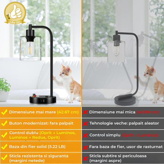 Set 2 Veioze de Noptiera Elindor® Veioza Aurie cu Intrerupator Rotativ de Reglare a Intensitatii, Lampa cu Baza Metalica si Abajur din Sticla, Lampa pentru Camera de Zi, pentru Dormitor, Sufragerie, Birou, 2 Porturi USB, Antialunecare, 20 x 15 x 41 cm