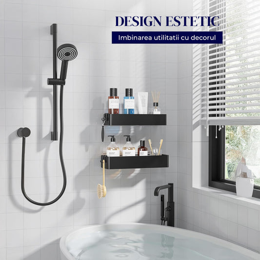 Set 2 Rafturi de Dus Elindor® Polita cu Adeziv, Etajera de Baie, din Inox, Suport Prosop, Raft Organizator, Etajere Depozitare in Bucatarie, Accesorii, 30 x 11.7 x 5.5 cm, Negru