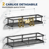 Set 2 Rafturi de Dus Elindor® Polita cu Adeziv, Etajera de Baie, Raft cu Carlige, din Metal, Suport Prosop si Sapun, Organizator Baie sau Etajere Depozitare in Bucatarie, Accesorii, 31.5 x 11 x 6.5 cm, Negru