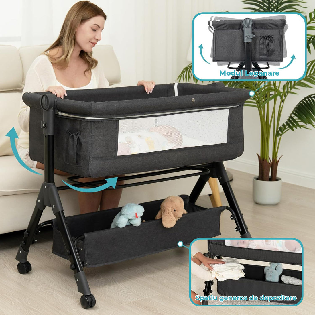 Patut Pliabil Bebelusi Elindor® 3-in-1, pentru Copii 0-36 luni, Leagan Bebe pe 2 Etaje, Cos Depozitare, 3 Trepte de Inaltime Reglabila, Plasa Laterala, Geanta Transport Calatorie, Roti cu Sistem Blocare, Saltea Integrata, Greutate Maxima 15 kg, Gri Inchis