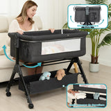 Patut Pliabil Bebelusi Elindor® 3-in-1, pentru Copii 0-36 luni, Leagan Bebe pe 2 Etaje, Cos Depozitare, 3 Trepte de Inaltime Reglabila, Plasa Laterala, Geanta Transport Calatorie, Roti cu Sistem Blocare, Saltea Integrata, Greutate Maxima 15 kg, Gri Inchis