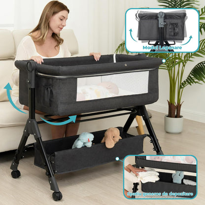 Patut Pliabil Bebelusi Elindor® 3-in-1, pentru Copii 0-36 luni, Leagan Bebe pe 2 Etaje, Cos Depozitare, 3 Trepte de Inaltime Reglabila, Plasa Laterala, Geanta Transport Calatorie, Roti cu Sistem Blocare, Saltea Integrata, Greutate Maxima 15 kg, Gri Inchis