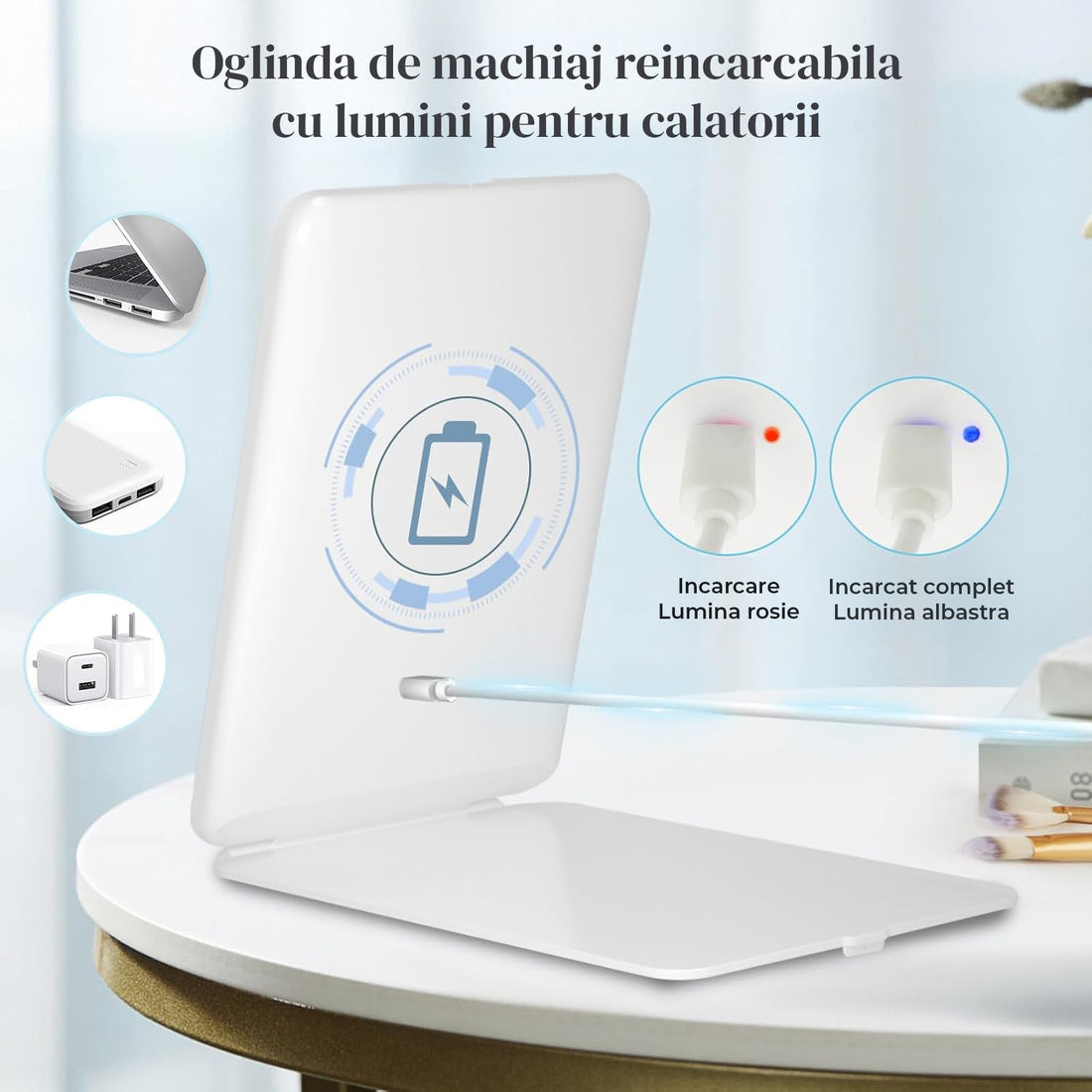 Oglinda Cosmetica Elindor® cu 72 LED-uri, Reglaj Tactil si Iluminare in 3 Culori pentru Machiaj, Incarcare USB, Alb