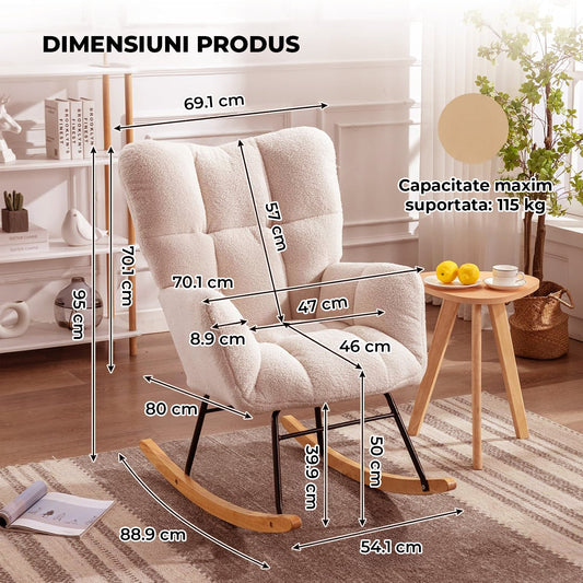 Fotoliu Balansoar Crem Deschis Elindor® cu Perna Moale si Spatar Inalt, Pufos, Ergonomic, Cadru Solid din Otel si Lemn, Suporta 115 kg, Ideal pentru Camera Copilului, Living sau Dormitor