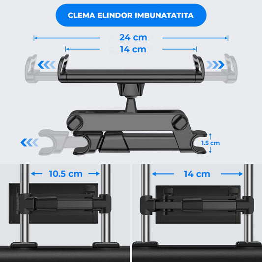 Suport Auto Tableta si Telefon Premium Elindor® pentru Tetiera Scaun, Universal, Compatibil 4.7-13 inch,  iPad, Switch, Sumsung Tab, Smartphone, Ajustabil 360°, Flexibil, Pliabil, Ideal pentru Copii sau Adulti, Orizontal, Accesorii Masina, Negru
