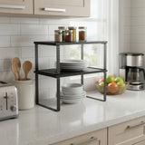 Set 2 Rafturi Elindor® din Bambus, Raft Extensibil si Suprapus pentru Bucatarie, Organizator Metalic Reglabil, Ideal ca Etajera Depozitare in Camara sau Birou, Perfect pentru Condimente, Vesela, Farfurii, Stabil si Compact, Polita pentru Obiecte, Negru