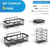 Set 5 Rafturi de Dus Elindor® Polita cu Adeziv, Etajera de Baie pentru Colt, Raft cu Carlige, din Otel Carbon, Suport Prosop si Sapun, Organizator Baie sau Etajere Depozitare in Bucatarie, Accesorii, 14 × 32.3 × 10.5 cm, Negru