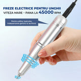 Freza Unghii Electrica Elindor® cu Suport Pila Electrica Reincarcabila, Set Complet de Ingrijire pentru Manichiura si Pedichiura Profesionala, Cuticule sau Calcaie, Ecran LCD, 45000 RPM, Viteza Reglaj Continuu, 6 Capete Detasabile, 6 Benzi Abrazive, Alb