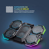 Cooler Laptop Gaming RGB Elindor® Suport cu Unghi Reglabil, Suport pentru Telefon, Dimensiuni Compatabile 12-17 Inch, 6 Ventilatoare Puternice si Silentioase 20dB, Viteza Ajustabila, 2 Porturi USB, pentru Birou, Calatorii, 40 x 27 x 3.6 cm, Negru