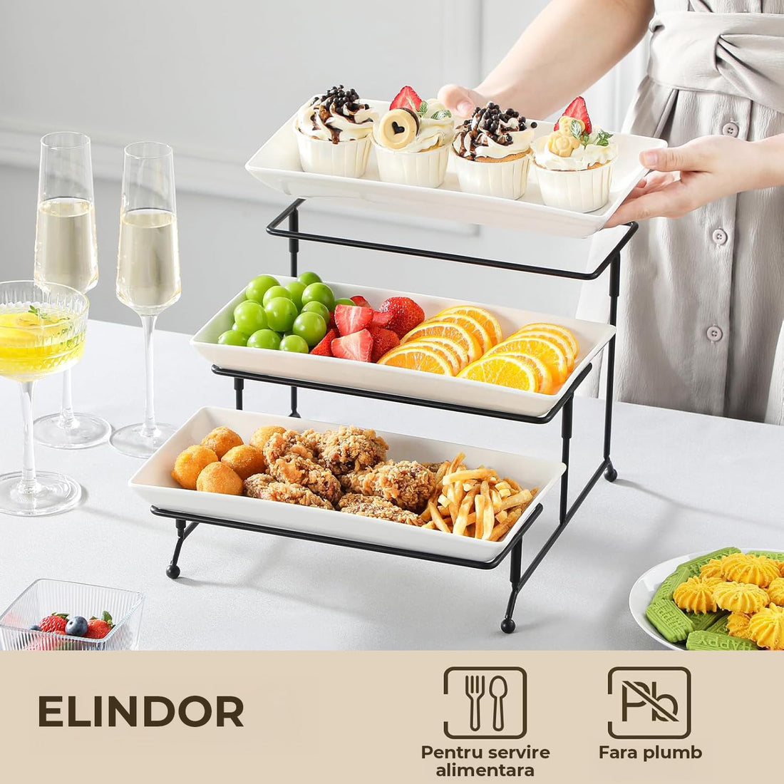 Suport Etajat Elindor® 3 Tavi Ceramica Alb, Pliabil si Stabil, Cadru Metalic Negru, pentru Deserturi, Aperitive, Fructe, Evenimente si Decor Elegant, Ideal pentru Petreceri, Aniversari, Casa Noua