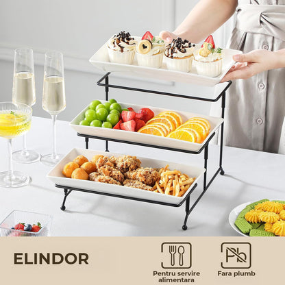 Suport Etajat Elindor® 3 Tavi Ceramica Alb, Pliabil si Stabil, Cadru Metalic Negru, pentru Deserturi, Aperitive, Fructe, Evenimente si Decor Elegant, Ideal pentru Petreceri, Aniversari, Casa Noua