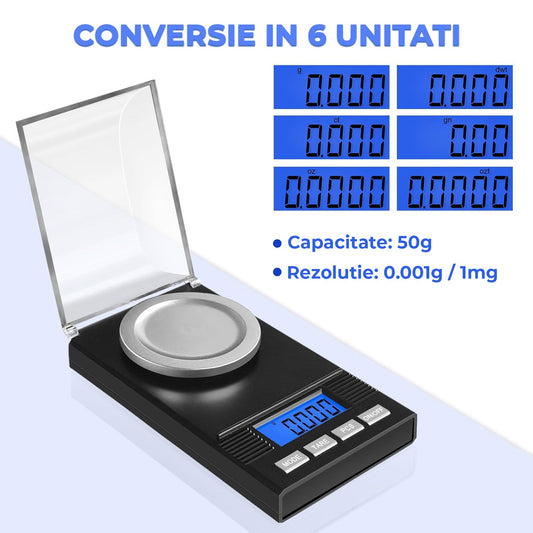 Cantar Digital de Bijuterii Elindor® Portabil, Precizie 0.001 g, Capacitate 50 g, 2 Baterii AAA, Afisaj LCD Iluminat, Functie Tara, Compact si Usor de Folosit, Potrivit si pentru Condimente, Medicamente si Orice Necesita Precizie, Negru