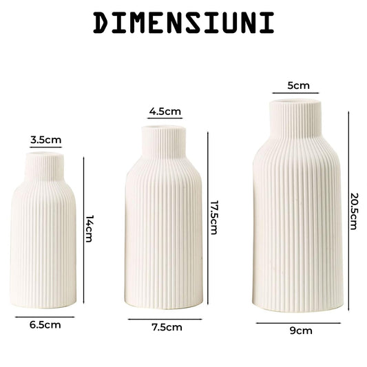 Set 3 Vaze Ceramica Elindor® Decor Minimalist Modern pentru Masa, Biblioteca, Birou sau Comoda, Design Elegant pentru Flori, Alb