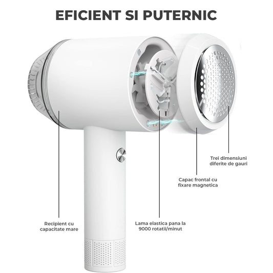 Aparat de Curatat Scame Elindor®, 9000 RPM, Lame Inox, USB, Sistem Ciclon, Ideal pentru Haine si Textile, Design Portabil cu Maner Ergonomic, Fara Baterii, Curatare Usoara, Negru