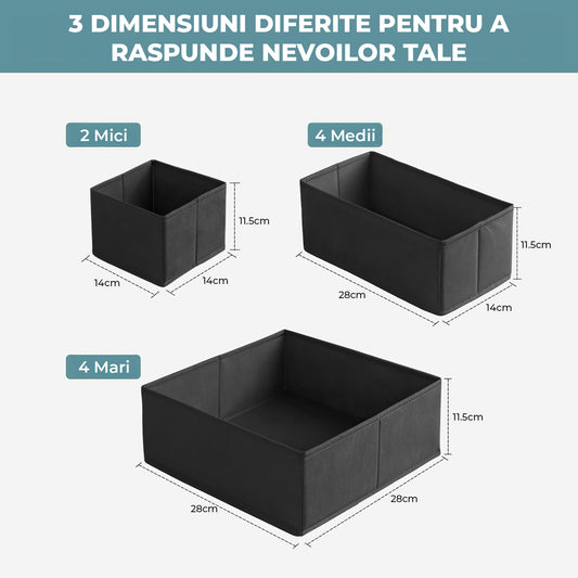 Set 10 Cutii Depozitare Elindor® Pliabile, 4 Mari, 4 Medii, 2 Mici, Organizator pentru Dormitor Studentesc, Organizatoare pentru Dulap, Cutie Organizare, Cos Multifunctional, Separator Haine, Jucarii, Potrivit pentru Bucatarie, Baie, Birou, Negru