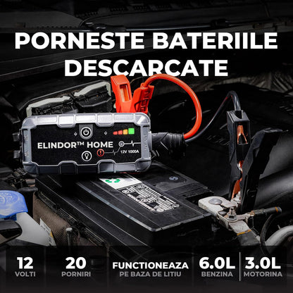 Starter Auto Elindor® 12V, 1000A, Multifuncțional, Portabil cu Lanternă, Negru