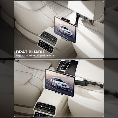 Suport Auto Tableta si Telefon Premium Elindor® pentru Tetiera Scaun, Compatibil 4.4-11 inch, iPad, Samsung Tab, Switch, Smartphones, Universal, Brat Extensibil Ajustabil 360°, Pliabil, Ideal pentru Copii sau Adulti, Accesorii Masina, Negru