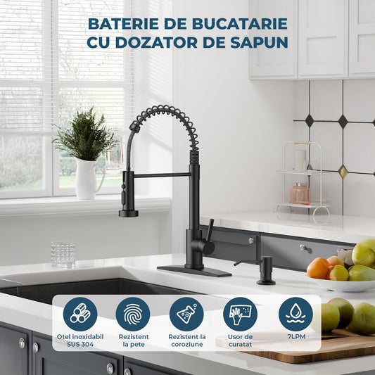 Baterie Chiuveta Bucatarie Neagra Elindor® Robinet de Apa Modern, cu Suport Incastrat pentru Sapun, Jet Reglabil, Cap Dus Extractabil cu Trei Functii, Monocomanda, pentru Bucatarie, Otel Inoxidabil, Finisaj Mat