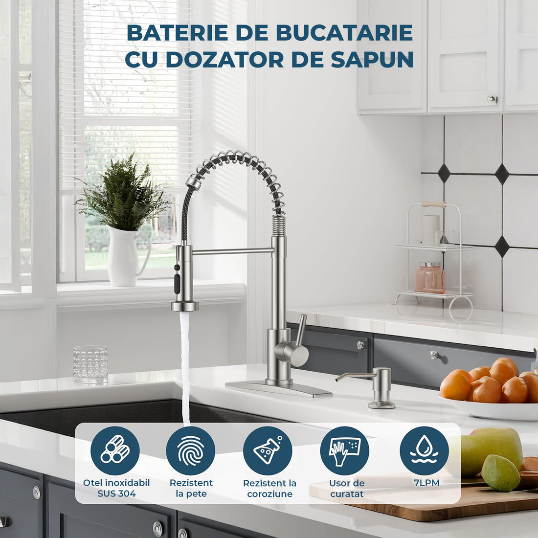 Baterie Chiuveta Bucatarie Argintie Elindor® Robinet de Apa Modern, cu Suport Incastrat pentru Sapun, Jet Reglabil, Cap Dus Extractabil cu Trei Functii, Monocomanda, pentru Bucatarie, Otel Inoxidabil, Finisaj Mat