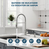 Baterie Chiuveta Bucatarie Argintie Elindor® Robinet de Apa Modern, cu Suport Incastrat pentru Sapun, Jet Reglabil, Cap Dus Extractabil cu Trei Functii, Monocomanda, pentru Bucatarie, Otel Inoxidabil, Finisaj Mat
