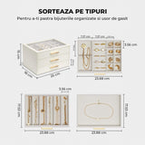 Cutie de Bijuterii Elindor® Organizator pe 3 Niveluri, Sertar x3, Spatiu de Depozitare pentru Inel, Verighete, Lantisoare, Bratari, Cercei, Caseta cu Design Rafinat, Simplu si Elegant, Piele Ecologica Alba, 18x25x15 cm