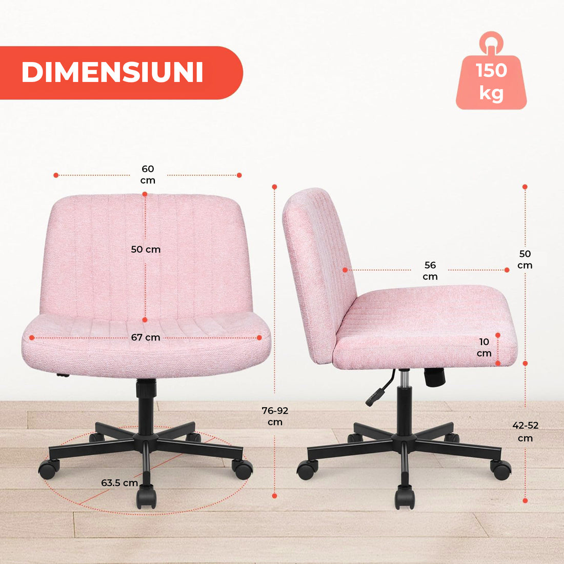 Scaun Birou Ergonomic Elindor® Rotativ 360°, fara Manere, cu Spatar Design Compact, Confortabil, Scaune in Stil Modern cu Roti, Picioare Metalice, Reglaj Balansare, Inaltime Ajustabila, 56 × 67 × 92 cm, Roz