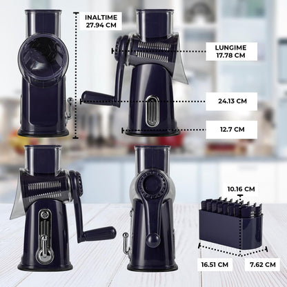 Razatoare Rotativa 5 in 1 Elindor® cu Maner, Lame din Otel Inoxidabil, Tocator Legume, Razatoare Branza, Nuci, Morcovi, Varza, Ustensila de Bucatarie, Design Compact, Multifunctional, Mov