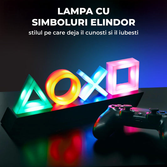 Lampa Decorativa LED Elindor® cu Iluminare RGB Multicolora, Functionare cu USB sau 3 Baterii AAA, Design Retro cu Simboluri PlayStation, Lumina Ambientala pentru Gaming, Dormitor sau Birou, Control pe Baza de Sunet, Negru