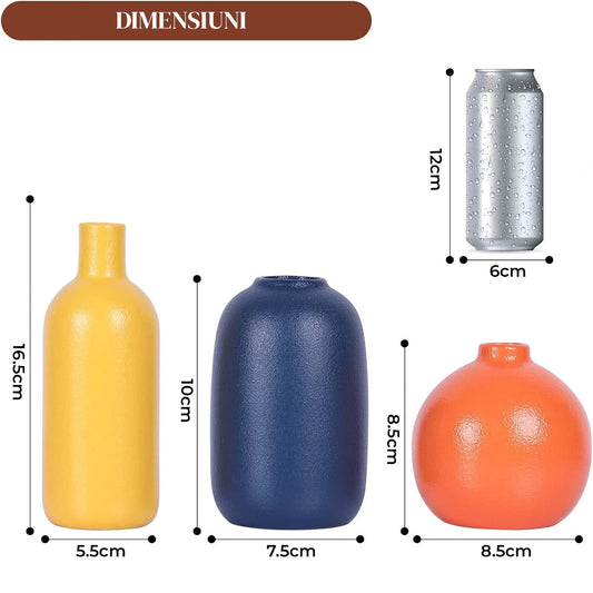 Set 3 Vaze Ceramica Colorate Elindor® Design Elegant pentru Decor Modern, Culori Vibrante, Portocaliu, Galben, Albastru