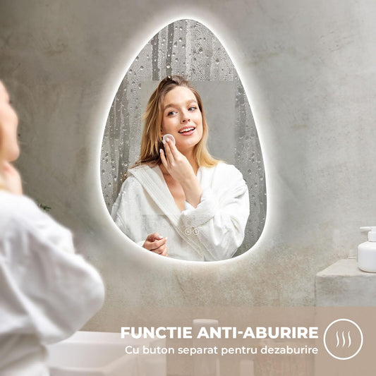 Oglinda de Perete Elindor® Asimetrica, fara Rama, Decorativa, Verticala / Orizontala, Eleganta, Ideala pentru Baie, Birou, Hol, Living, Dressing, Iluminare Led, Intensitate Ajustabila, Antiaburire, 3 Temperaturi de Culoare, 80 x 55 cm