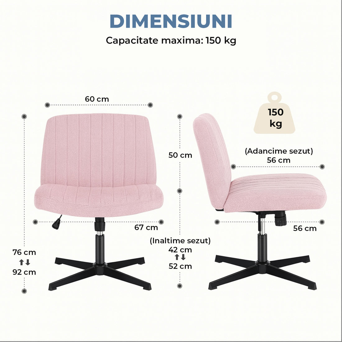 Scaun Birou Ergonomic Elindor® Rotativ 360°, fara Manere, cu Spatar Design Compact, Scaune in Stil Modern fara Roti, Picioare Metalice, Reglaj Balansare, Confortabil, Inaltime Ajustabila, 56 × 67 × 92 cm, Roz