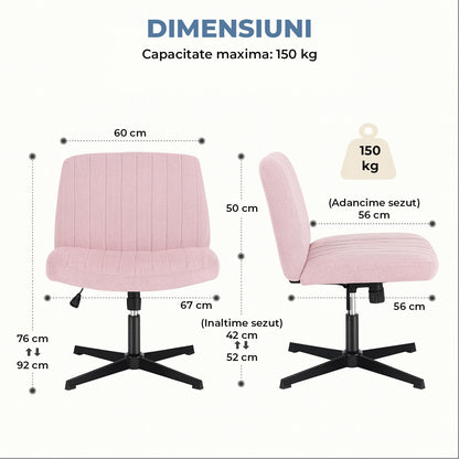 Scaun Birou Ergonomic Elindor® Rotativ 360°, fara Manere, cu Spatar Design Compact, Scaune in Stil Modern fara Roti, Picioare Metalice, Reglaj Balansare, Confortabil, Inaltime Ajustabila, 56 × 67 × 92 cm, Roz