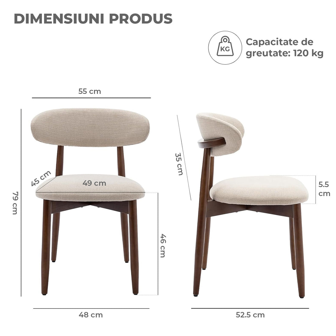 Set 2 Scaune Elindor® Ergonomice, Design Contemporan, Scaun cu Spatar si fara Manere, Tapitate cu Picioare din Lemn, Potrivite pentru Living, Bucatarie, Birou, Dormitor, 79 x 55 x 48 cm, Bej